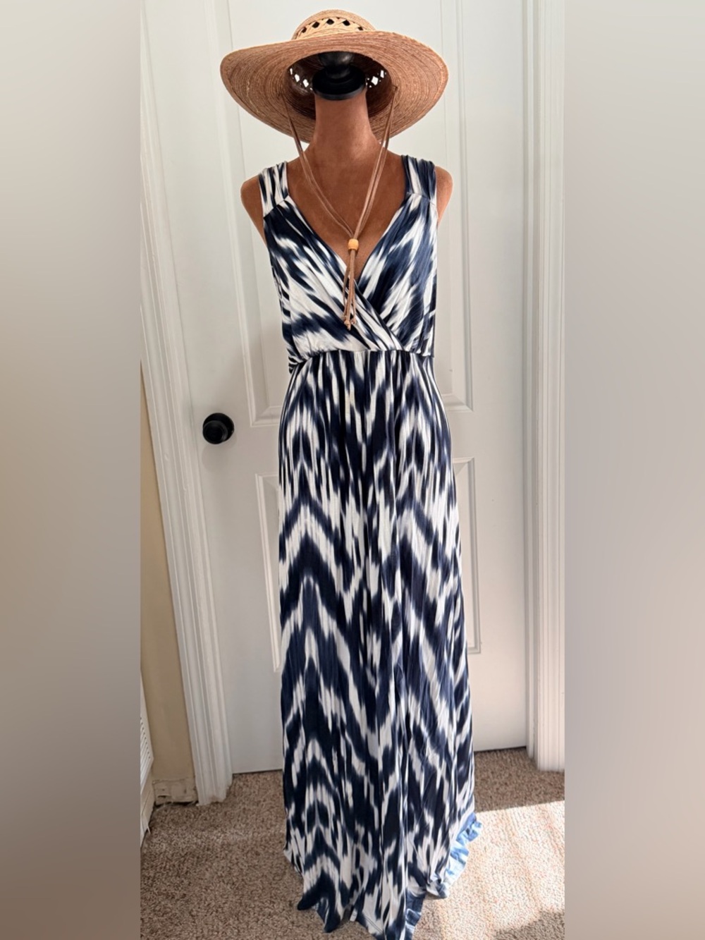 INC International Concepts Navy and White Ikat Wrap Maxi Dress